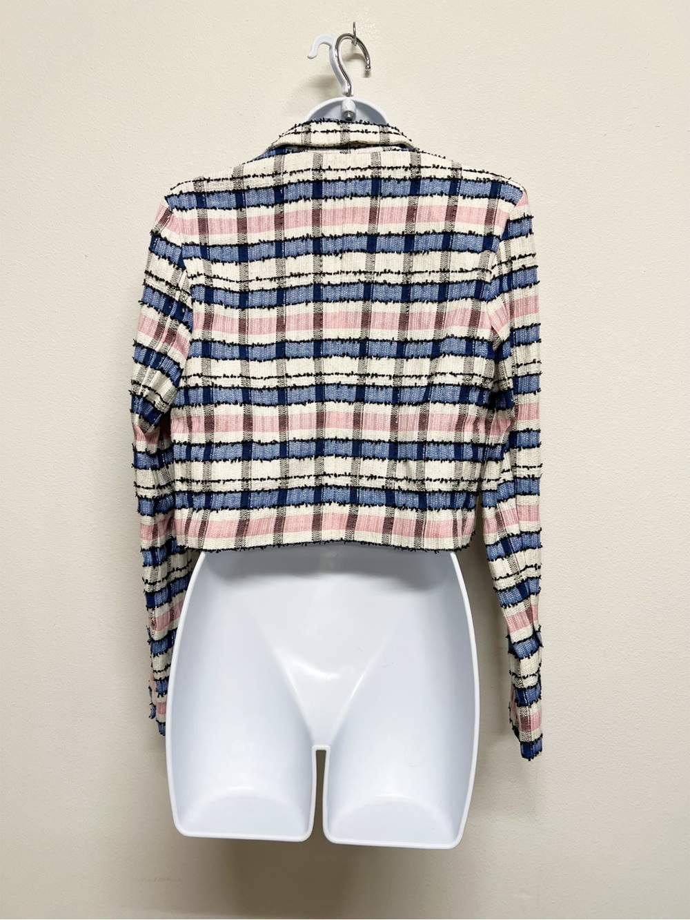 EENK Womens Ivory Pink Blue Preppy Single Breasted Short Tweed Jacket Size S - Picture 5 of 12